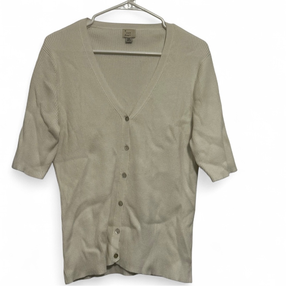 A New Day Ribbed Button Front Short Sleeve Cardigan Sweater Cream XXL